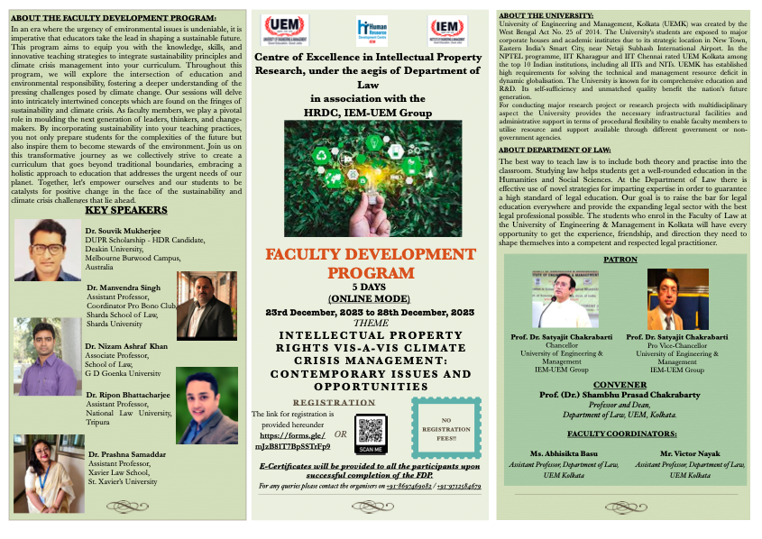 5 Days FDP on Intellectual Property Rights Vis-à-vis Climate Crisis Management: Contemporary Issues and Opportunities